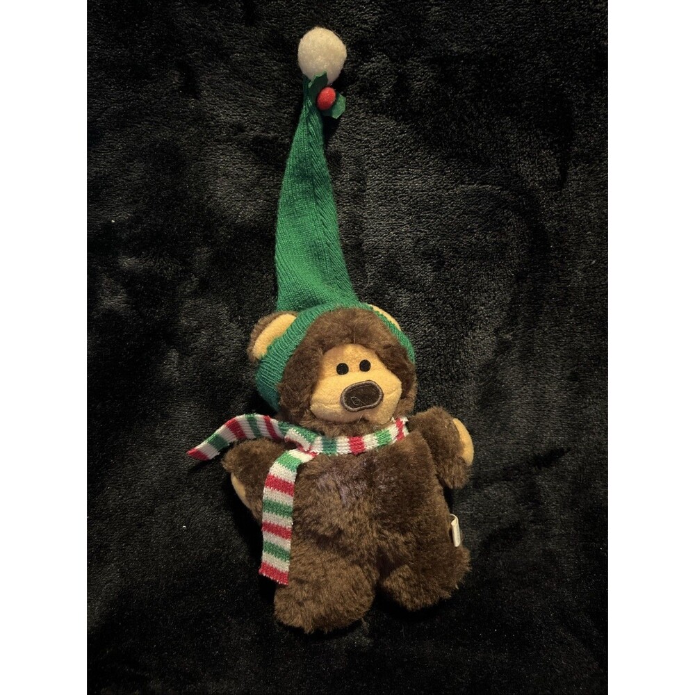 Dakin Bear Plush White Red Green Scarf  Green Hat Vintage 1984 5.5"